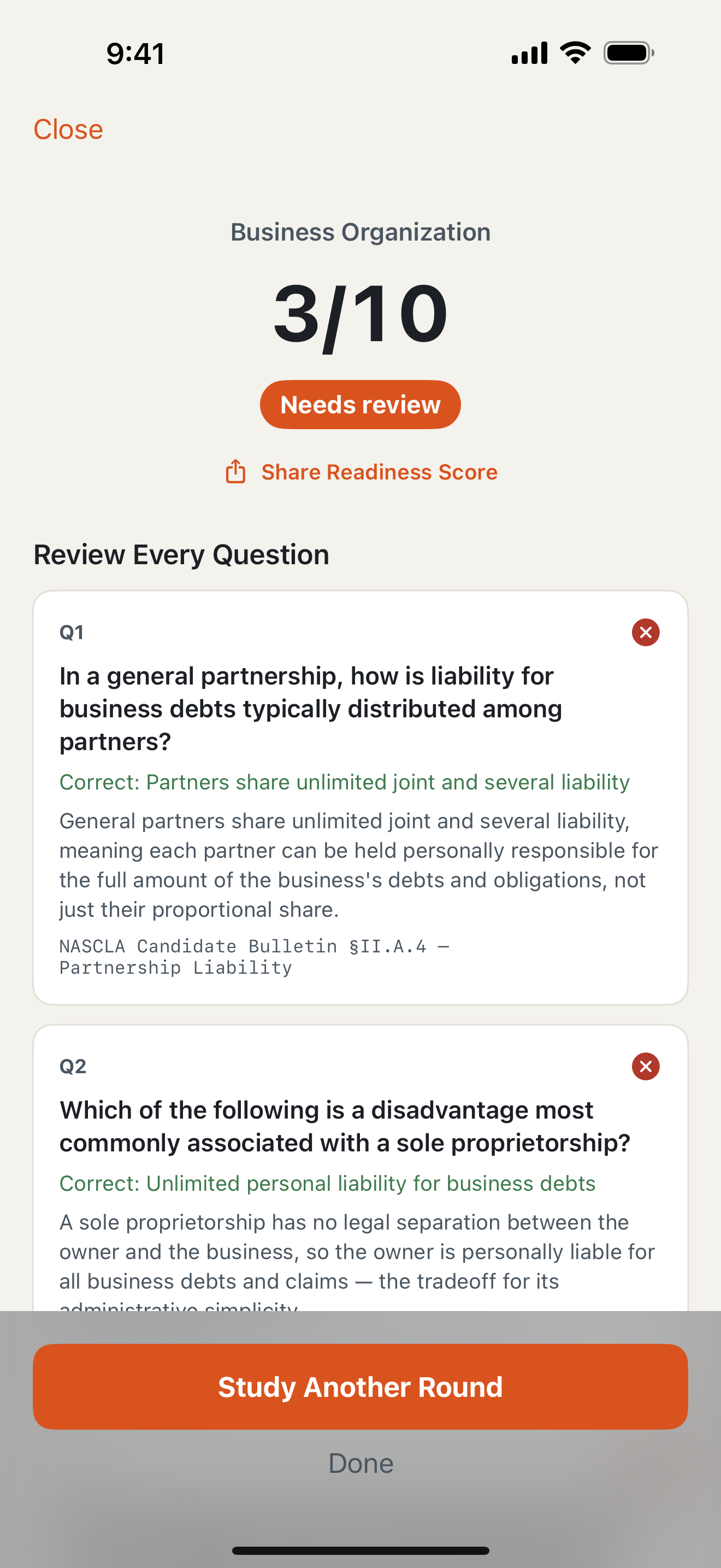 Certeo round results screen with score, and every question reviewed with explanation and source citation